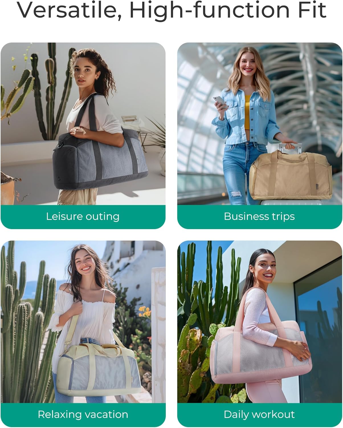 Foldable Duffle Bag for Women - 35L Carry On Weekender Overnight Sports Duffel with Shoe Compartment, Personal Item Travel Workout Bag for Travel Yoga, Black - Image 2