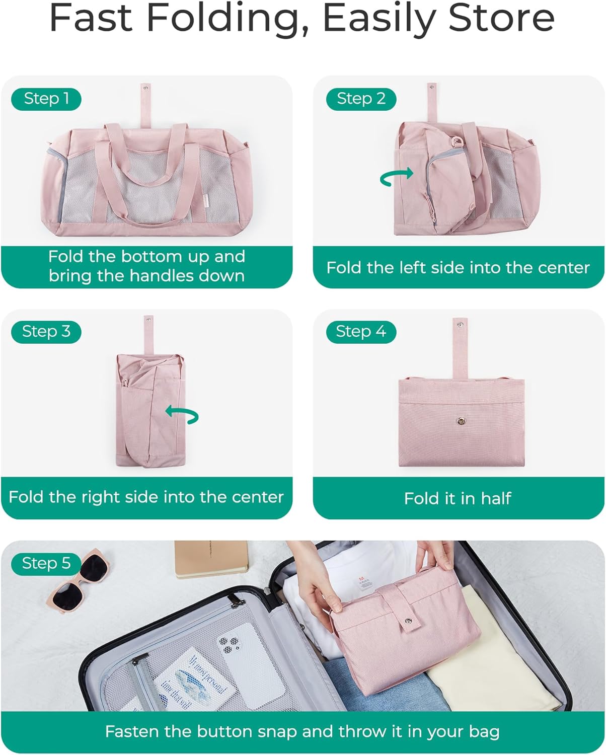 Foldable Duffle Bag for Women - 35L Carry On Weekender Overnight Sports Duffel with Shoe Compartment, Personal Item Travel Workout Bag for Travel Yoga, Black - Image 3