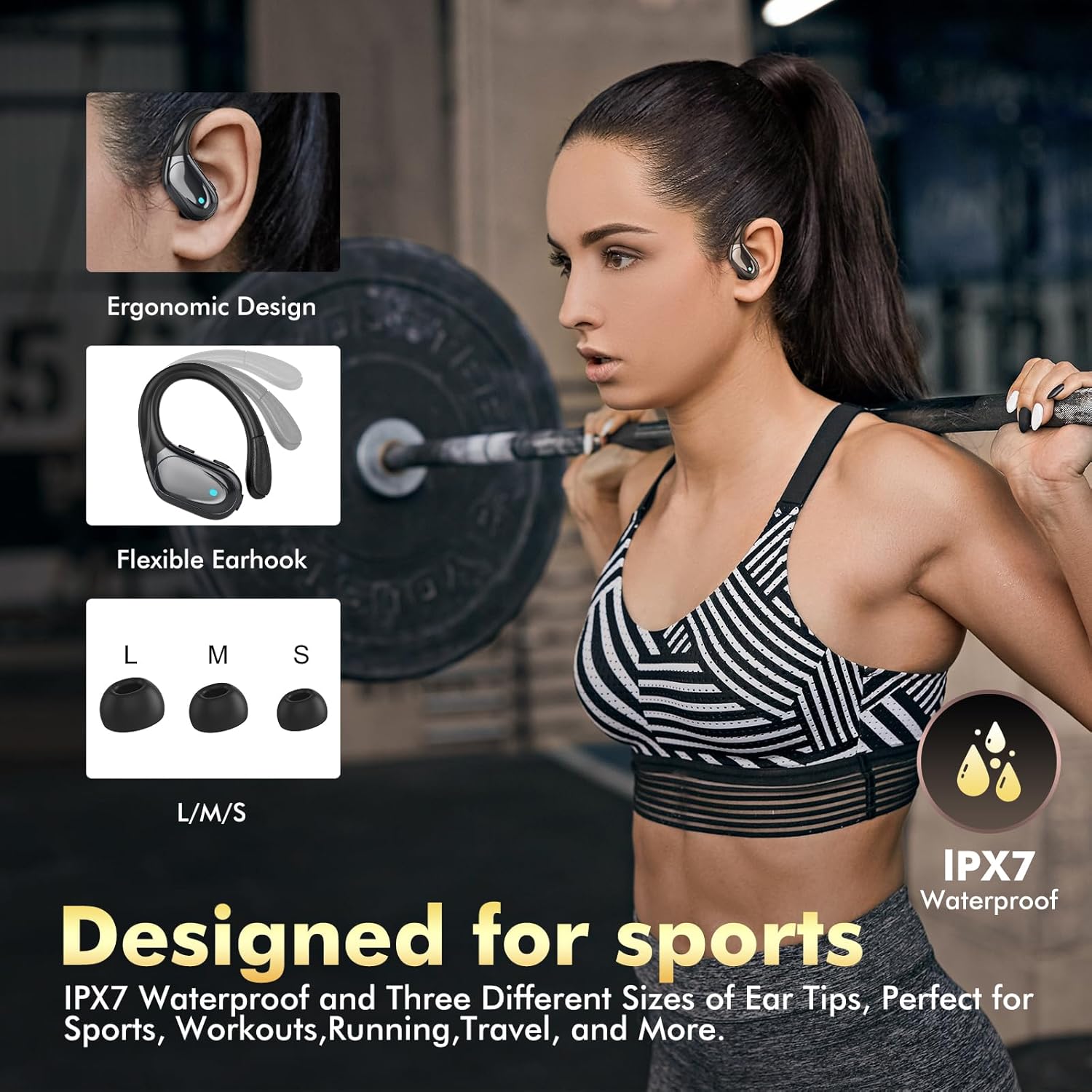 Wireless Earbuds, ENC Noise Cancelling Sport Ear Buds with Multifunctional Touch Screen, Bluetooth 5.4 Headphones, Bass Stereo Sound, 5 EQ Over The Ear Earbuds for Sports/Workout/Gym-Black - Image 5